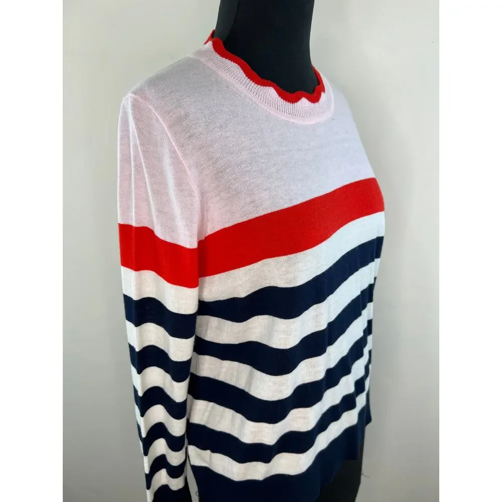 J. Crew Pink Red Blue Cotton Wool Scallop Trimmed Striped Pullover Sweater Sz S